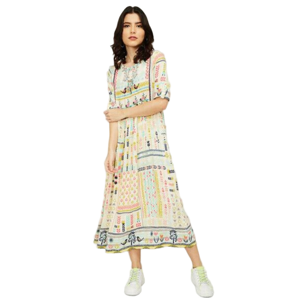 Folk art embroidered pastel print embroidered yoke dress Small tassel detail